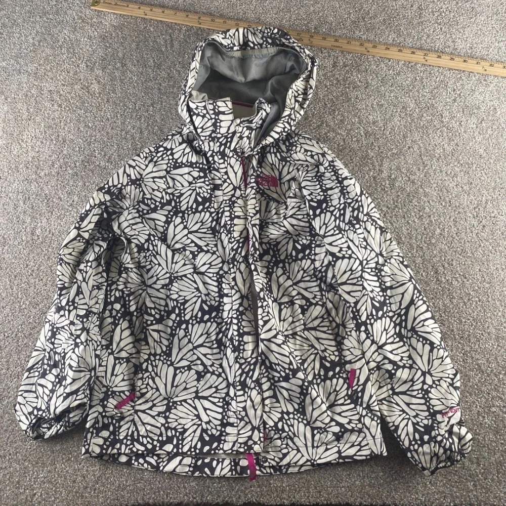 The North Face Girls L HyVent Rain Jacket Black White Butterfly Print 14/16